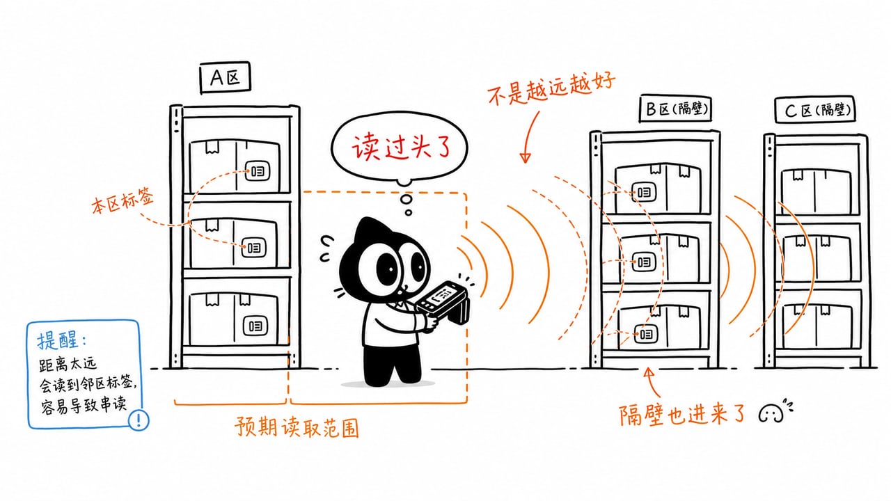 RFID读距过远读到隔壁货架示意图 RFID读距过远读到隔壁货架示意图