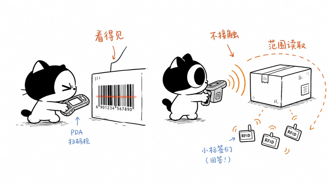 普通PDA扫码和RFID非接触读取对比示意图 普通PDA扫码和RFID非接触读取对比示意图