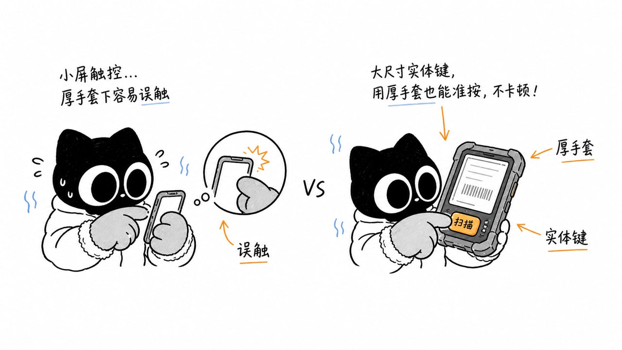 冷库工作人员戴厚手套操作PDA和实体扫描键的示意图 冷库工作人员戴厚手套操作PDA和实体扫描键的示意图