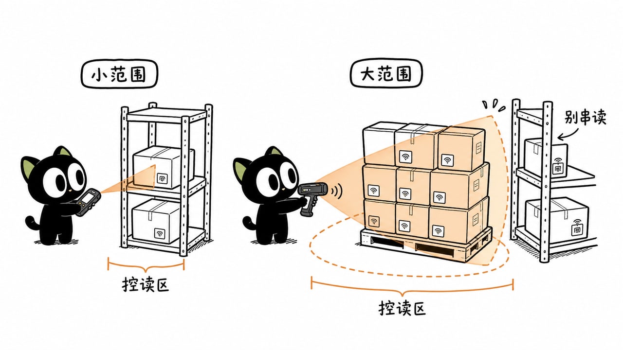 内置与外置UHF手持机在不同盘点范围中的读区示意图 内置与外置UHF手持机在不同盘点范围中的读区示意图