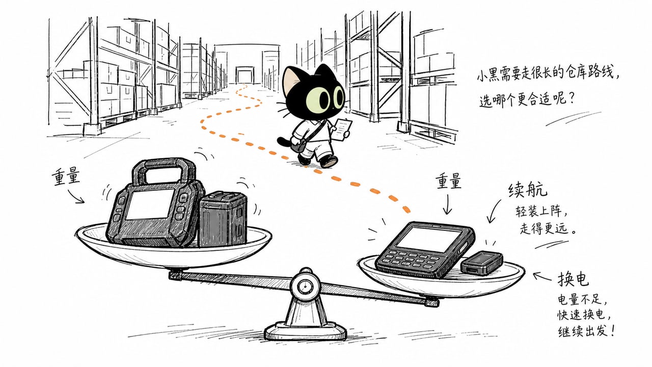 RFID手持机连续盘点时重量续航和换电的平衡示意图 RFID手持机连续盘点时重量续航和换电的平衡示意图