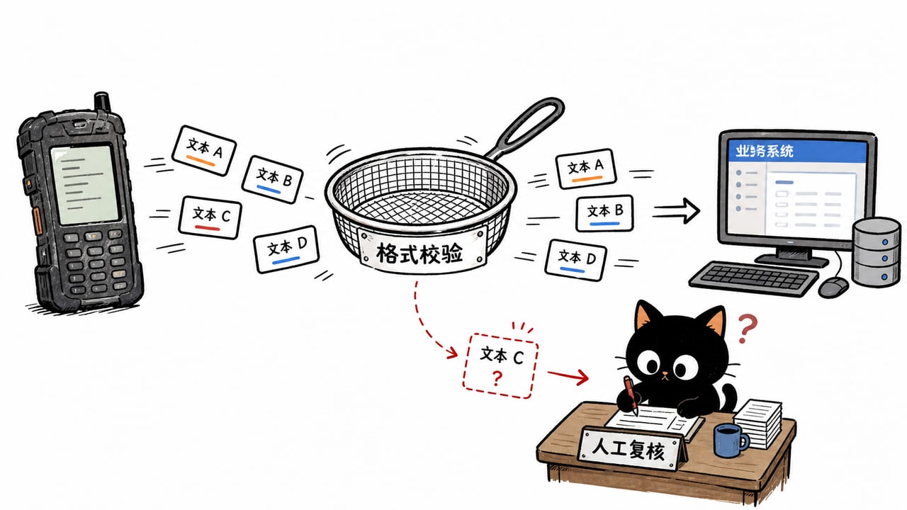 OCR PDA识别后进行字段规则校验和人工复核的示意图