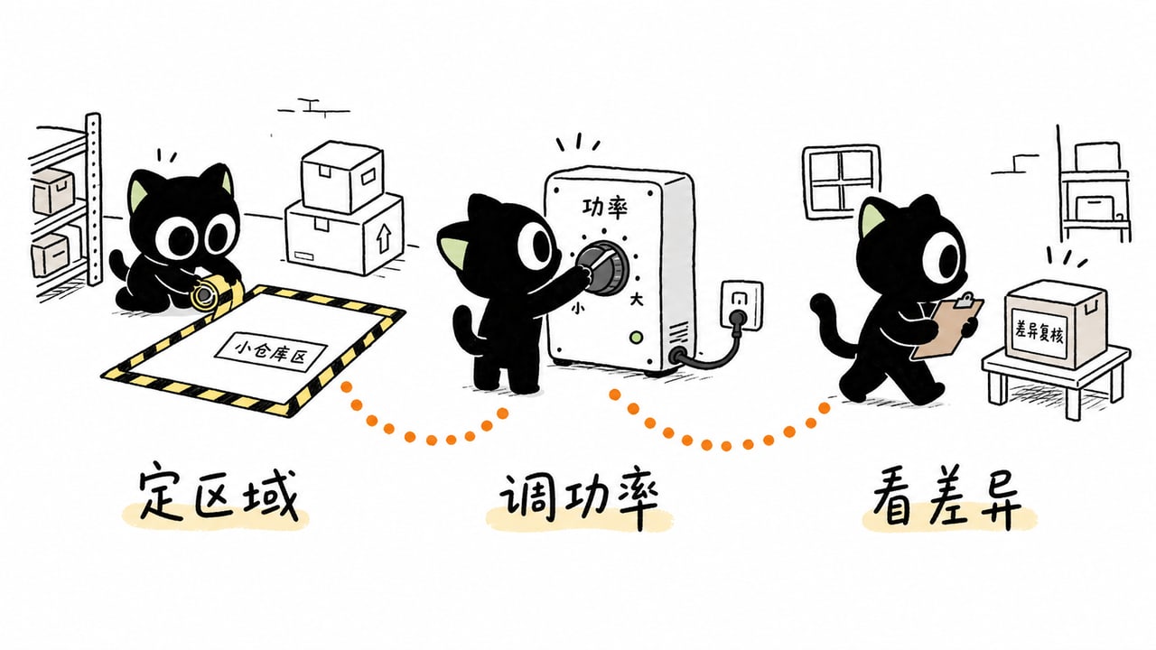 RFID仓库按区域调功率和复核差异的校准流程示意图