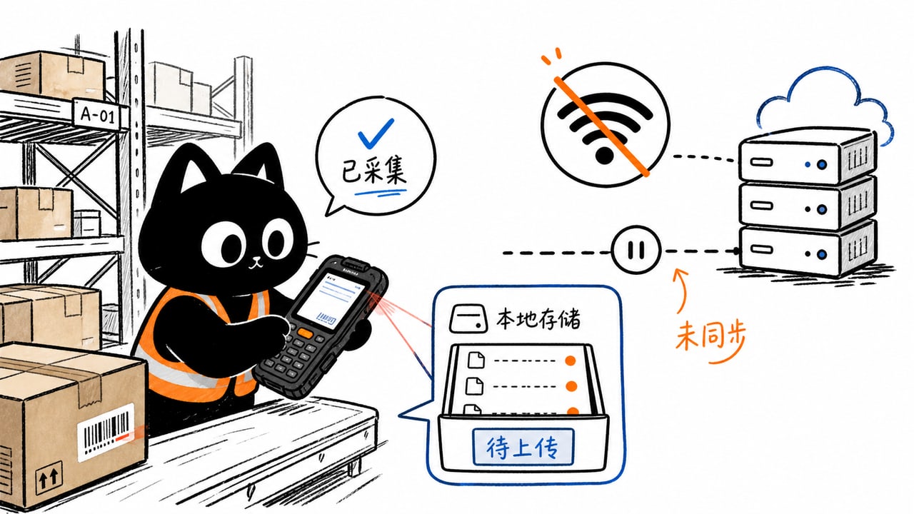 仓库WiFi中断时PDA把扫码记录暂存在本地队列的示意图 仓库WiFi中断时PDA把扫码记录暂存在本地队列的示意图