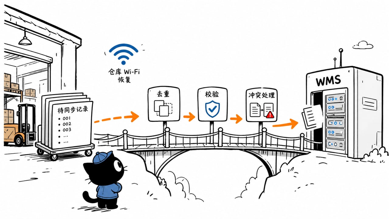 仓库PDA恢复网络后分批补传并处理冲突的示意图 仓库PDA恢复网络后分批补传并处理冲突的示意图