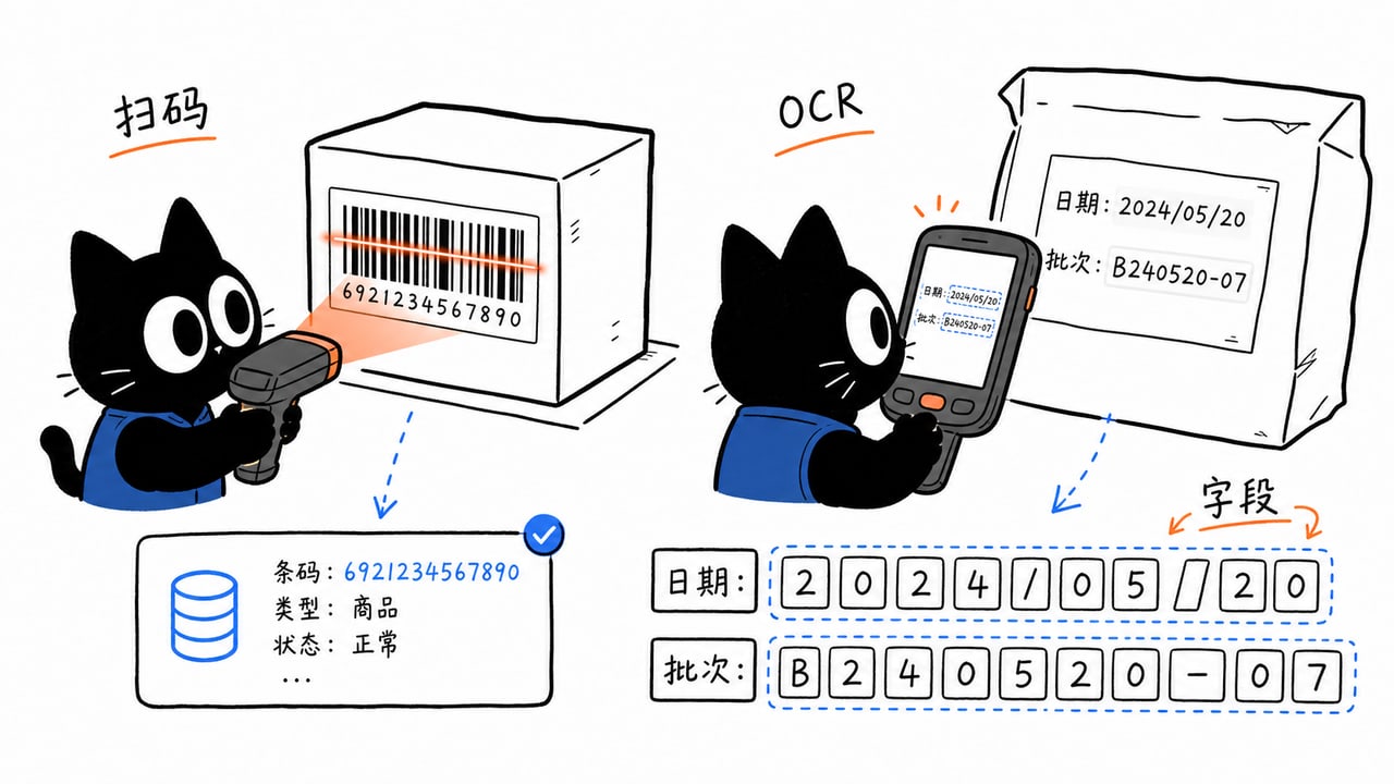 普通扫码PDA读取条码与OCR PDA读取文字的差异示意图