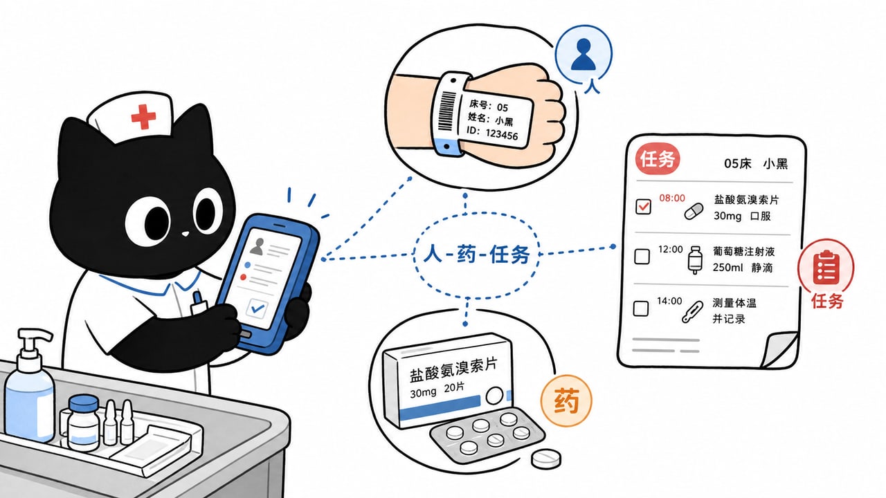 医疗PDA在腕带药品和护理任务之间完成核对的示意图 医疗PDA在腕带药品和护理任务之间完成核对的示意图