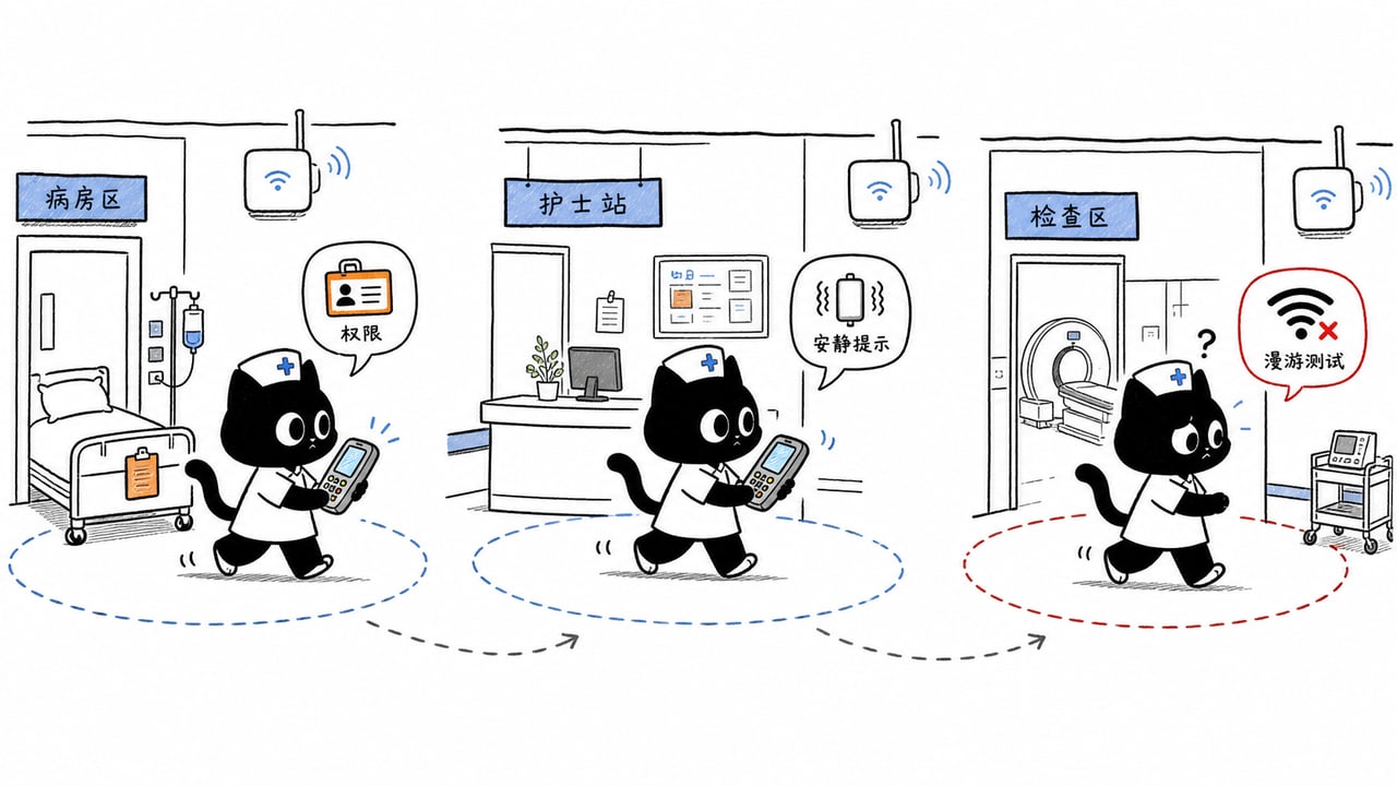 医疗PDA在病区无线漫游权限和静音提示之间平衡的示意图 医疗PDA在病区无线漫游权限和静音提示之间平衡的示意图