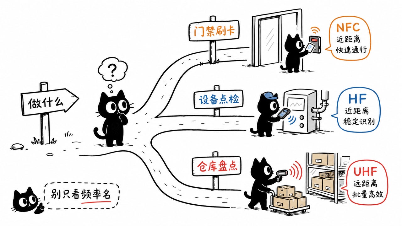 NFC与高频和超高频RFID按门禁点检盘点场景分流的示意图 NFC与高频和超高频RFID按门禁点检盘点场景分流的示意图