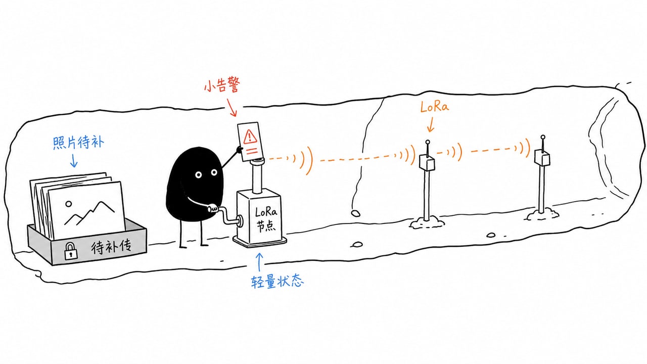 LoRa自组网传递告警短消息而大文件等待补传的示意图 LoRa自组网传递告警短消息而大文件等待补传的示意图