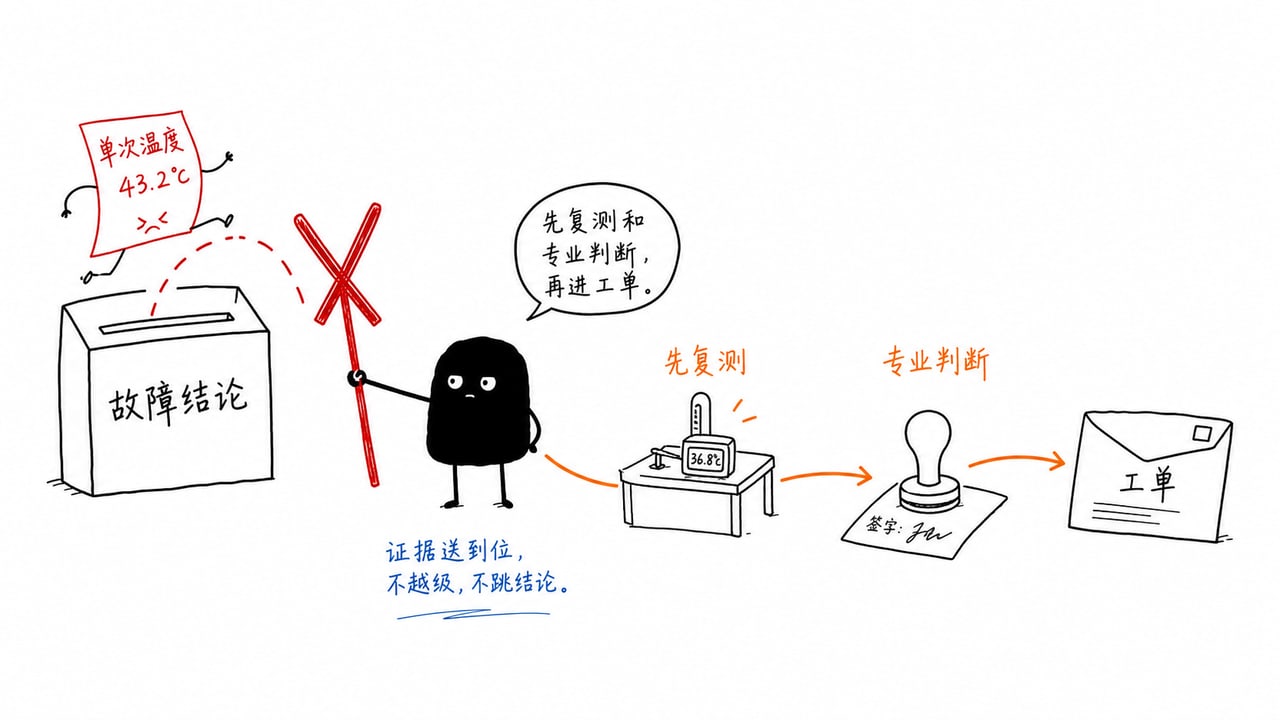 异常测温记录经过复测判断再进入缺陷工单的示意图