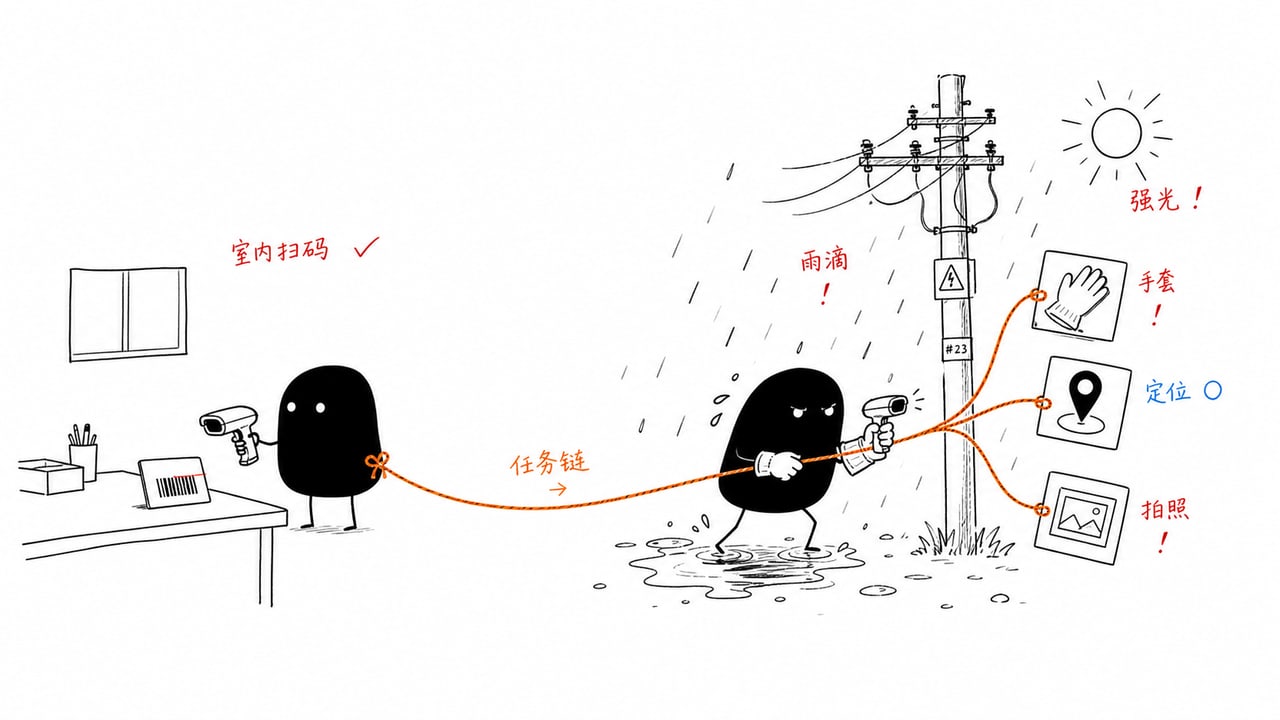 普通扫码手持终端在室内扫码与电力户外巡检任务差异的示意图 普通扫码手持终端在室内扫码与电力户外巡检任务差异的示意图