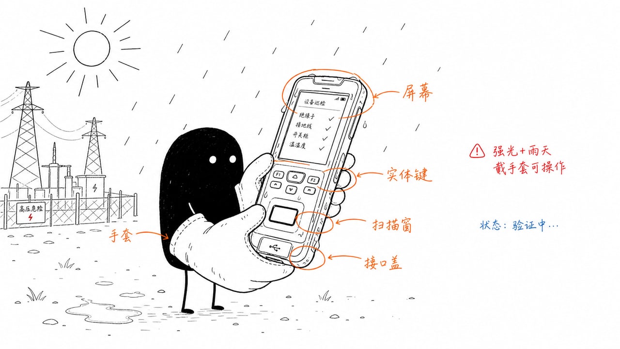 户外强光雨雪和戴手套条件下操作巡检终端的示意图 户外强光雨雪和戴手套条件下操作巡检终端的示意图