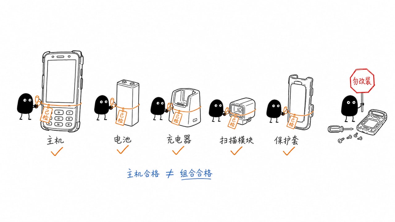 防爆巡检设备主机电池配件和功能模块一并检查的示意图 防爆巡检设备主机电池配件和功能模块一并检查的示意图