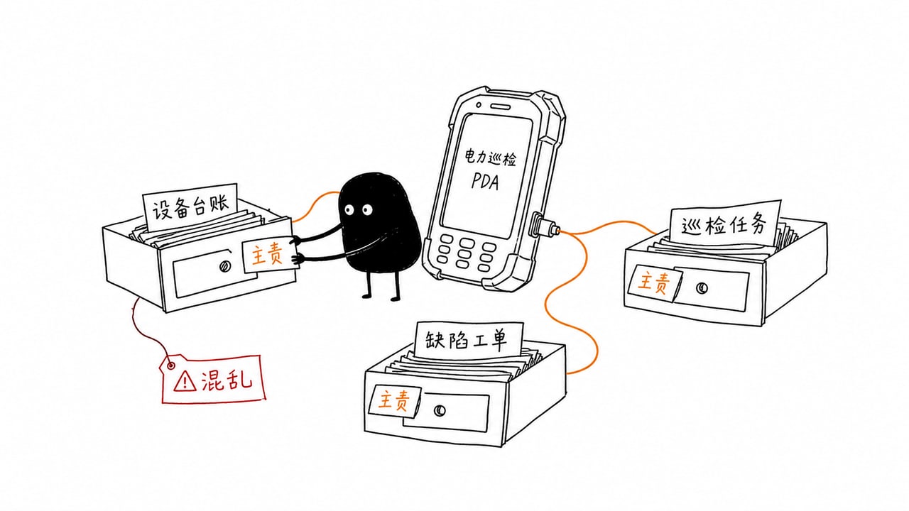 电力巡检PDA与设备台账巡检任务和缺陷工单之间的数据关系示意图 电力巡检PDA与设备台账巡检任务和缺陷工单之间的数据关系示意图