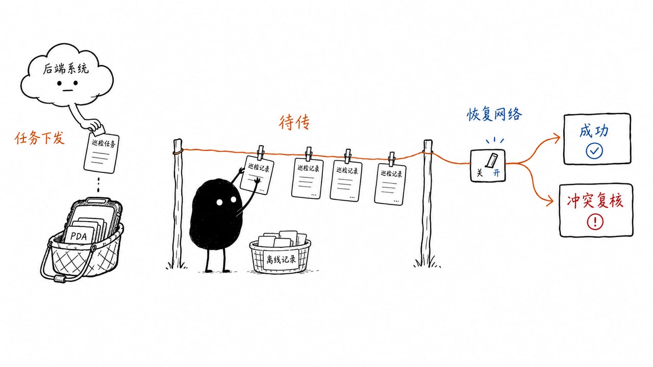 巡检任务在线下发和离线记录补传的状态示意图 巡检任务在线下发和离线记录补传的状态示意图