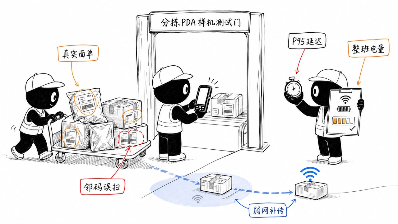 物流分拣PDA使用真实面单进行样机验收测试场景图 物流分拣PDA使用真实面单进行样机验收测试场景图