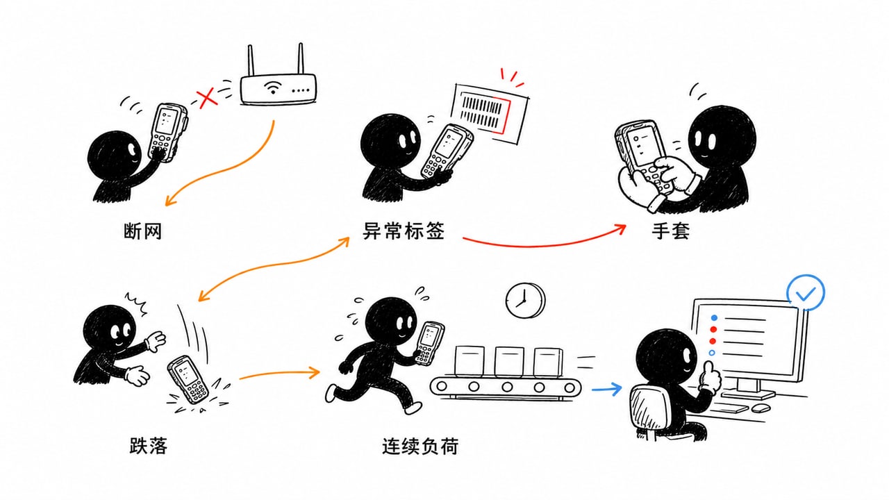 工业PDA样机验收主动测试断网跌落手套与异常标签