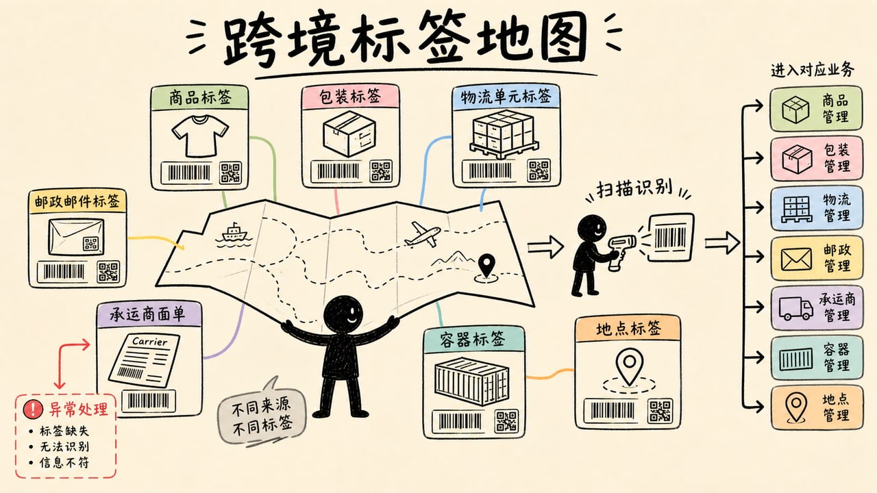 跨境物流PDA标签地图区分商品包装物流单元邮政邮件承运商面单容器和地点