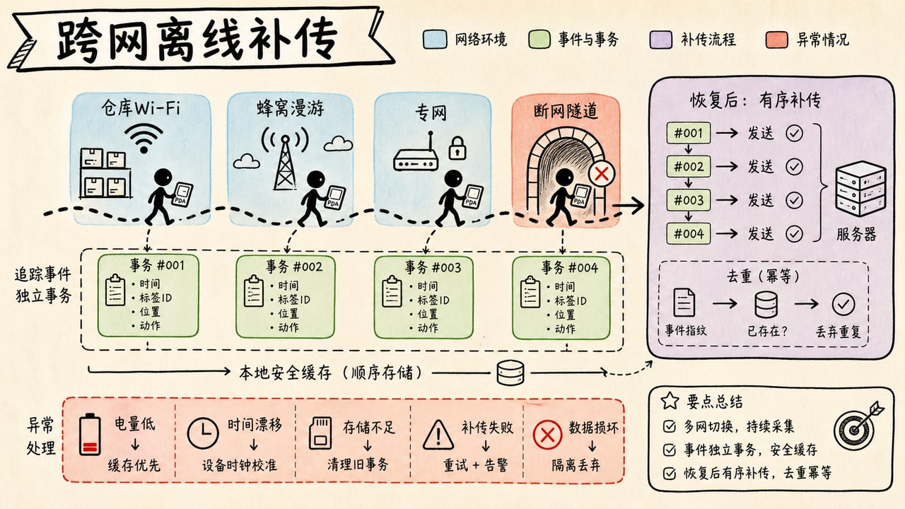 跨境物流PDA在仓库WiFi蜂窝漫游专网与离线队列之间切换并按事务号补传