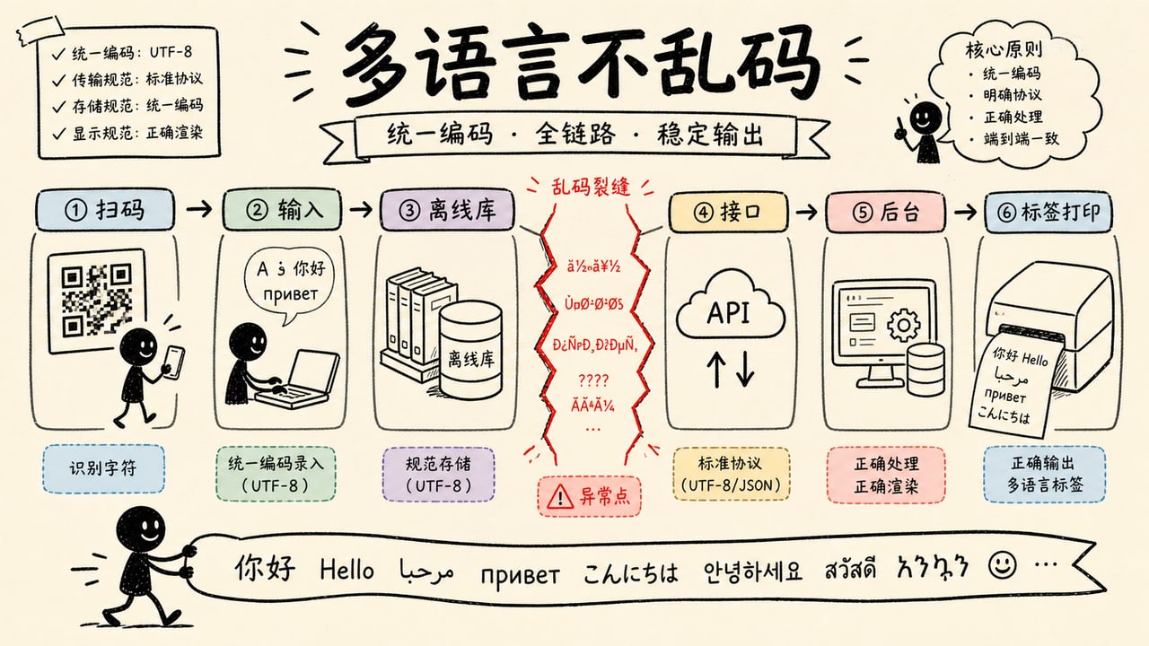 跨境物流多语言数据从扫码输入离线数据库接口后台到标签打印保持同一Unicode字符