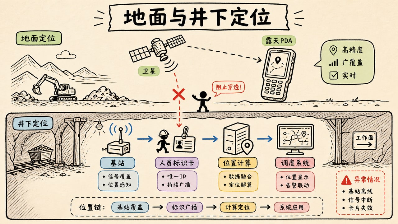 矿用手持终端地面GNSS与井下基站定位人员标识卡和调度系统属于不同定位链路 矿用手持终端地面GNSS与井下基站定位人员标识卡和调度系统属于不同定位链路