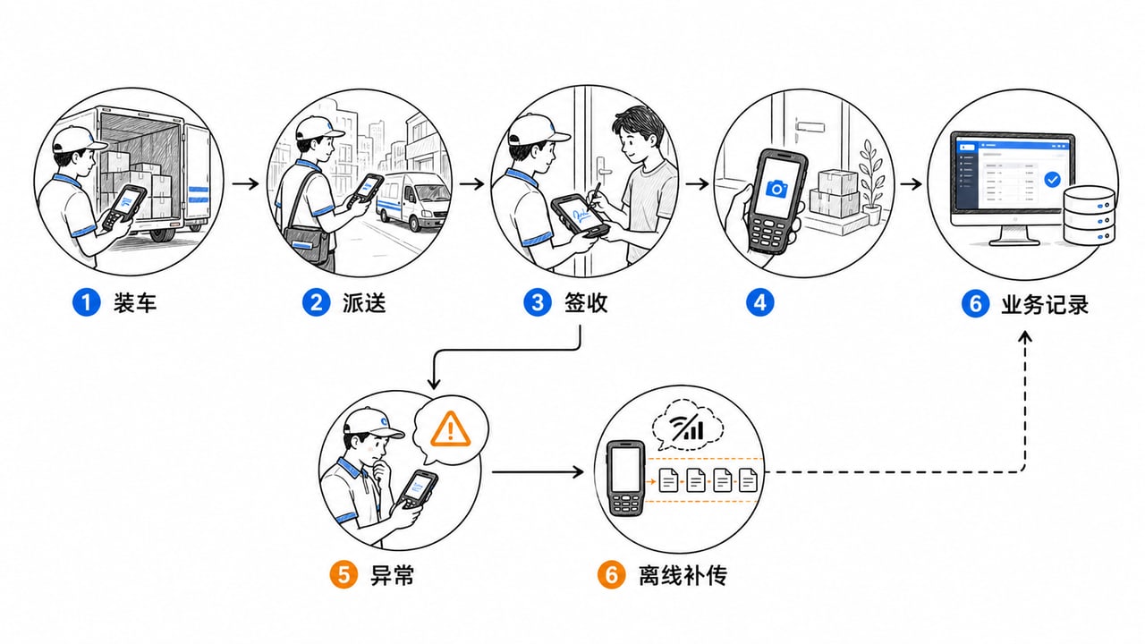 快递员PDA把装车派送签收拍照异常处理和离线补传连成一条业务链
