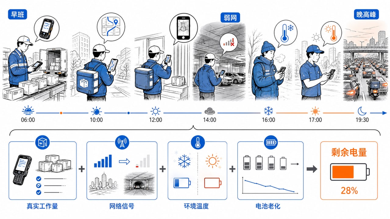 快递PDA整班续航测试同时加入扫码导航拍照弱网低温和电池老化负载