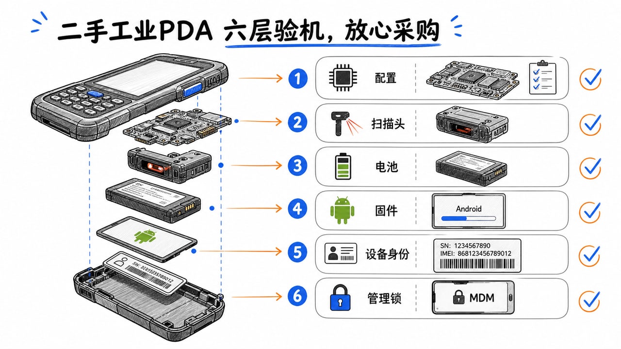 二手PDA验机把外观型号拆成主板扫描头电池系统网络身份和管理锁六层核对 二手PDA验机把外观型号拆成主板扫描头电池系统网络身份和管理锁六层核对