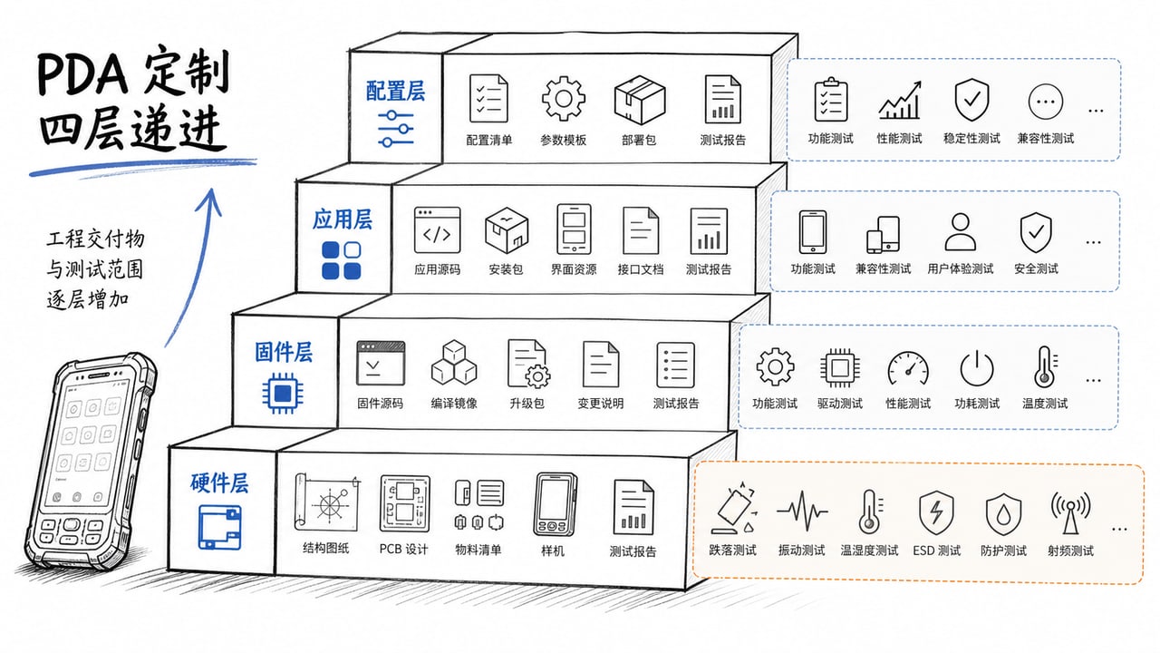 PDA定制从配置应用系统到硬件结构分为四层并对应不同工作量 PDA定制从配置应用系统到硬件结构分为四层并对应不同工作量