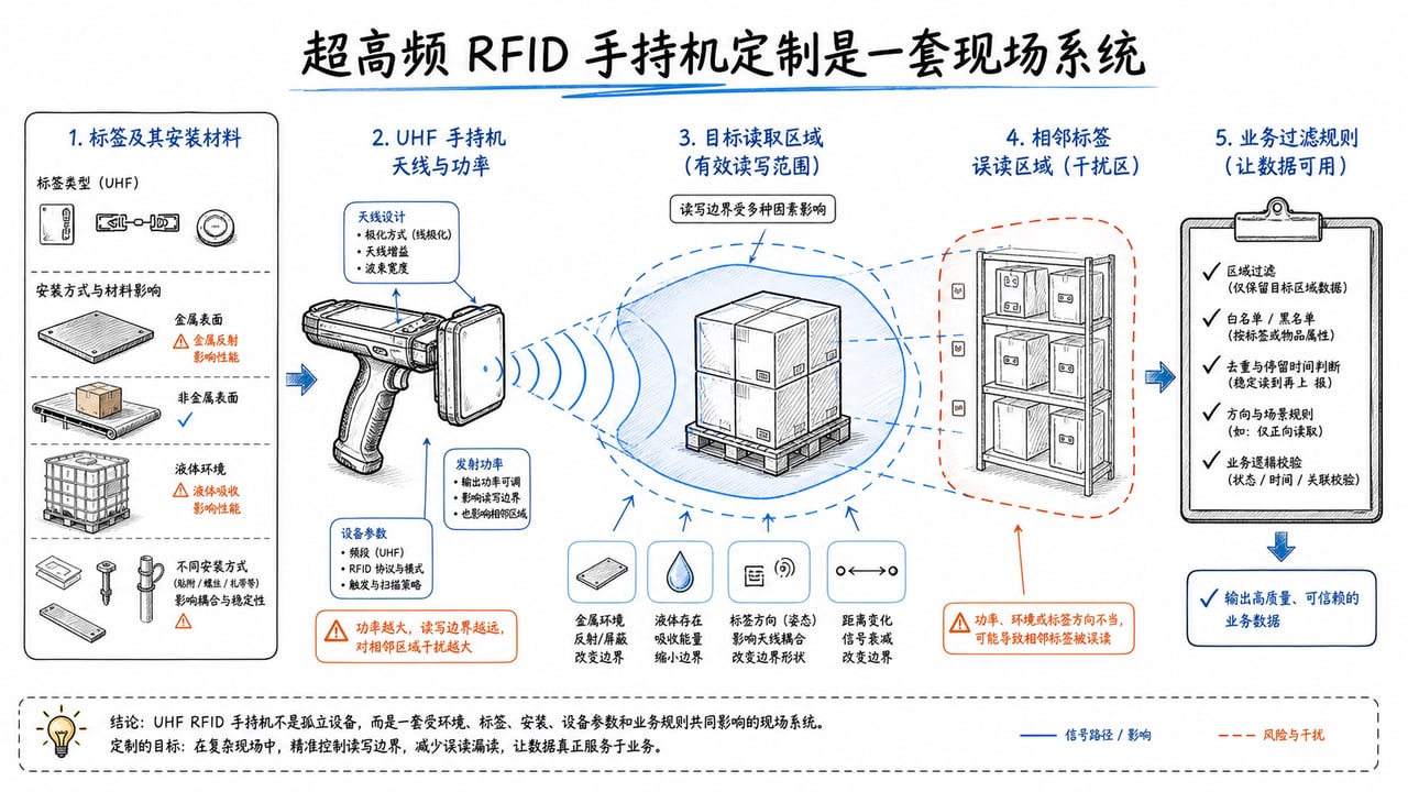 超高频RFID手持机定制由标签材料天线读区功率和业务过滤共同决定 超高频RFID手持机定制由标签材料天线读区功率和业务过滤共同决定