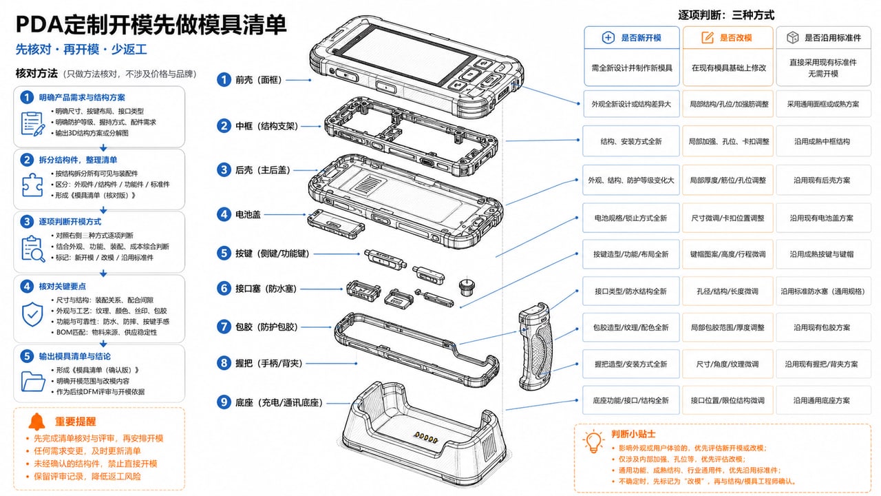 PDA开模费用由前后壳按键胶塞包胶手柄和座充等模具清单共同组成 PDA开模费用由前后壳按键胶塞包胶手柄和座充等模具清单共同组成