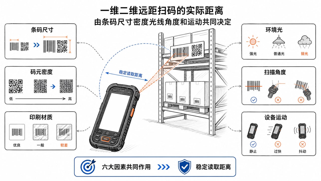 一维二维远距扫码的实际距离由条码尺寸密度光线角度和运动共同决定