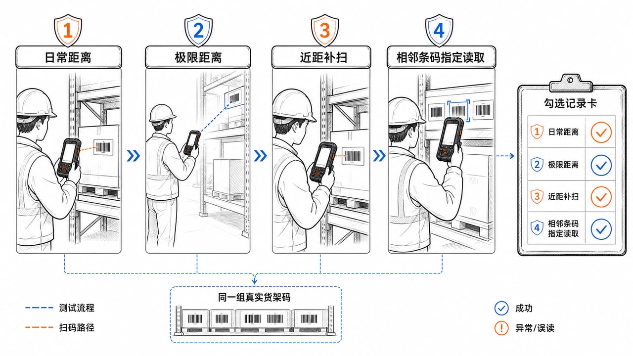 远距扫码样机从日常距离极限距离近距补扫和邻码误读四个维度测试