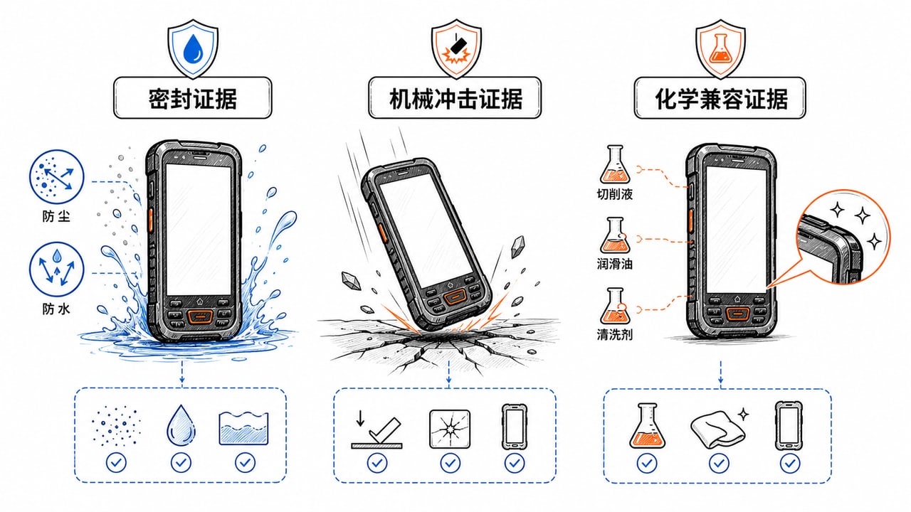 IP67抗摔和耐油污分别对应外壳密封机械冲击与材料化学兼容三类证据