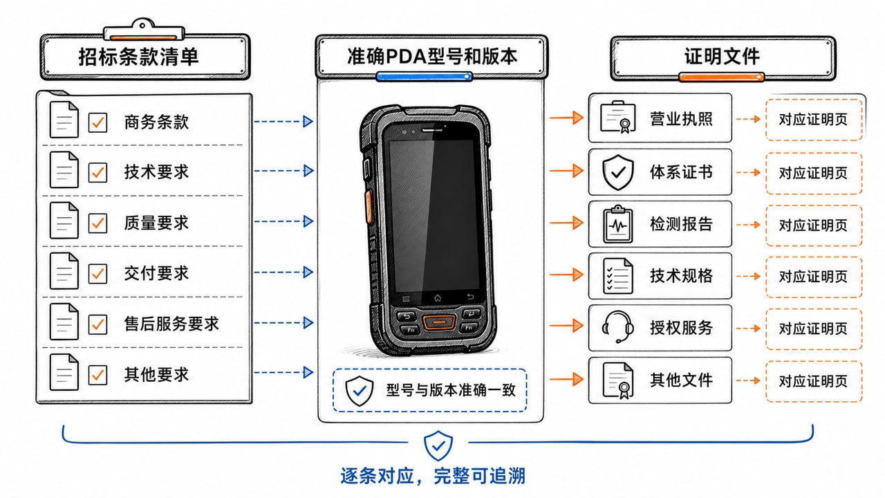 PDA招投标资料应让招标条款文件型号版本和证明页形成逐条对应关系