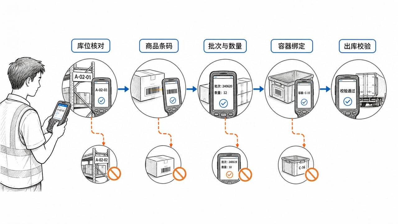 电商仓库PDA按库位商品批次数量容器和出库状态形成拣货防错闭环 电商仓库PDA按库位商品批次数量容器和出库状态形成拣货防错闭环