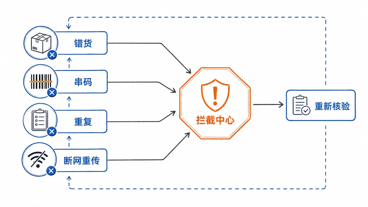 仓库系统对错货串码重复提交和断网重传进行实时拦截并返回重新核验 仓库系统对错货串码重复提交和断网重传进行实时拦截并返回重新核验