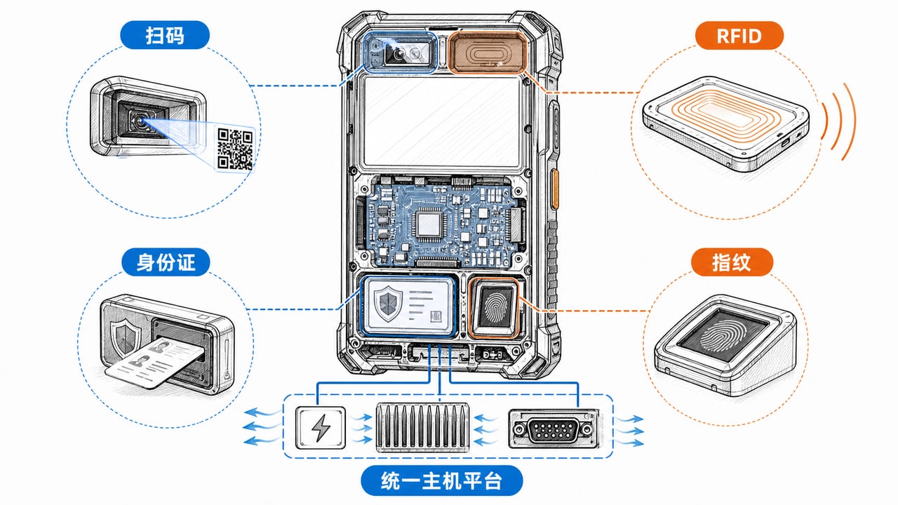 扫码RFID身份证识别和指纹采集模块集成在统一PDA主机平台 扫码RFID身份证识别和指纹采集模块集成在统一PDA主机平台