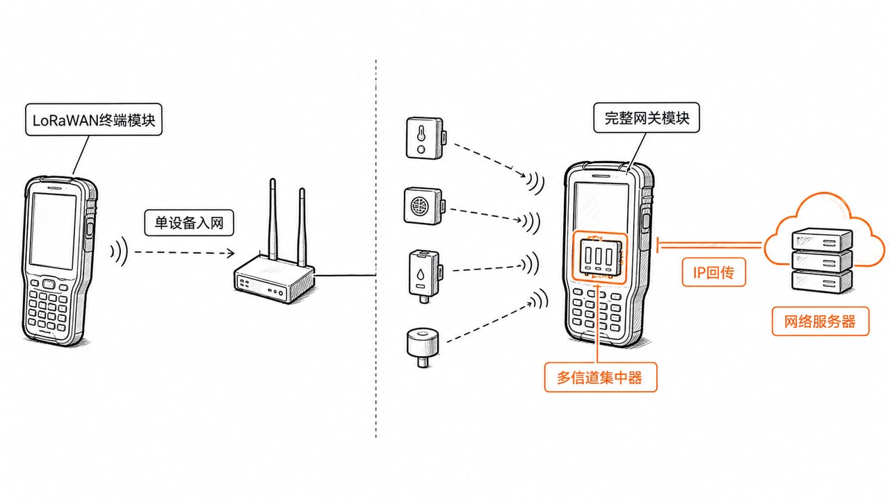 LoRaWAN终端模块与完整网关模块在射频集中器回传和服务器连接上的区别 LoRaWAN终端模块与完整网关模块在射频集中器回传和服务器连接上的区别