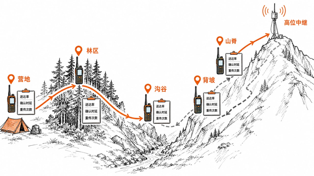 野外LoRa通信路线测试记录山脊沟谷背坡和中继点的送达率 野外LoRa通信路线测试记录山脊沟谷背坡和中继点的送达率
