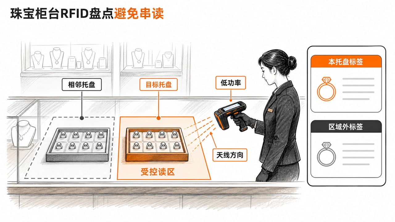 珠宝柜台RFID盘点用固定读区低功率天线方向和软件集合避免相邻托盘串读