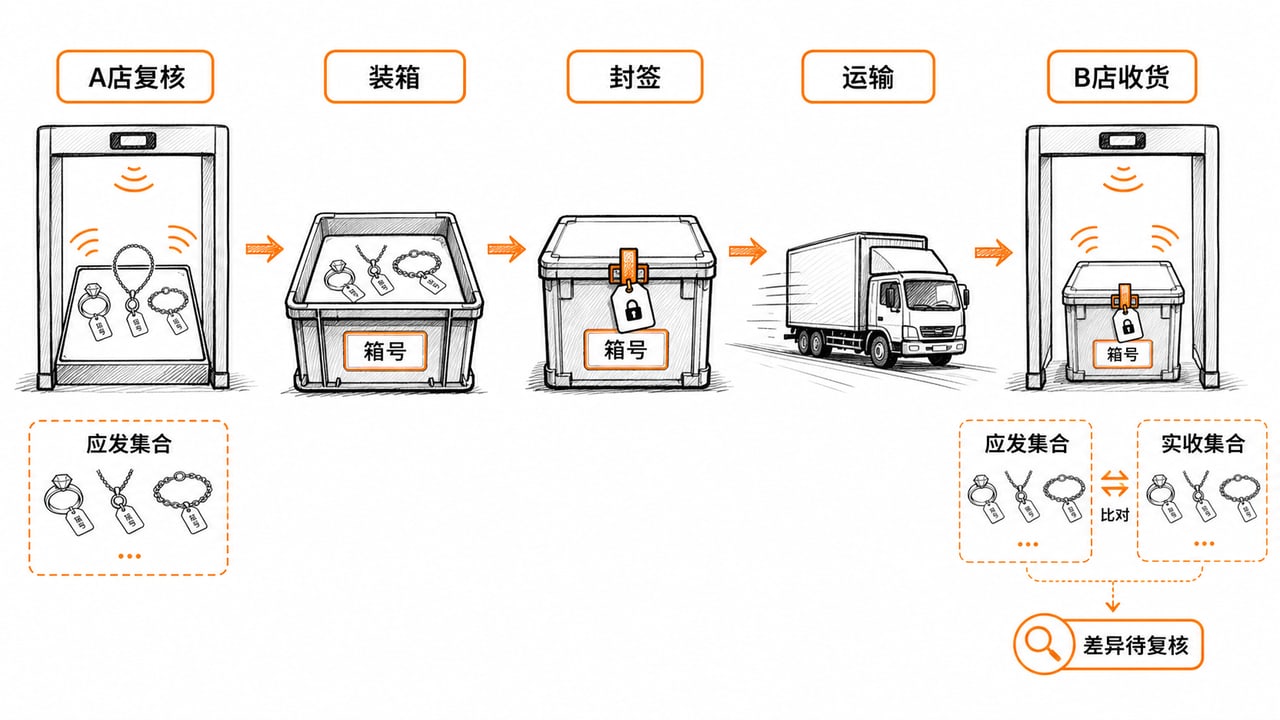 珠宝RFID跨店调拨从源店受控复核装箱封签运输到目的店收货差异确认