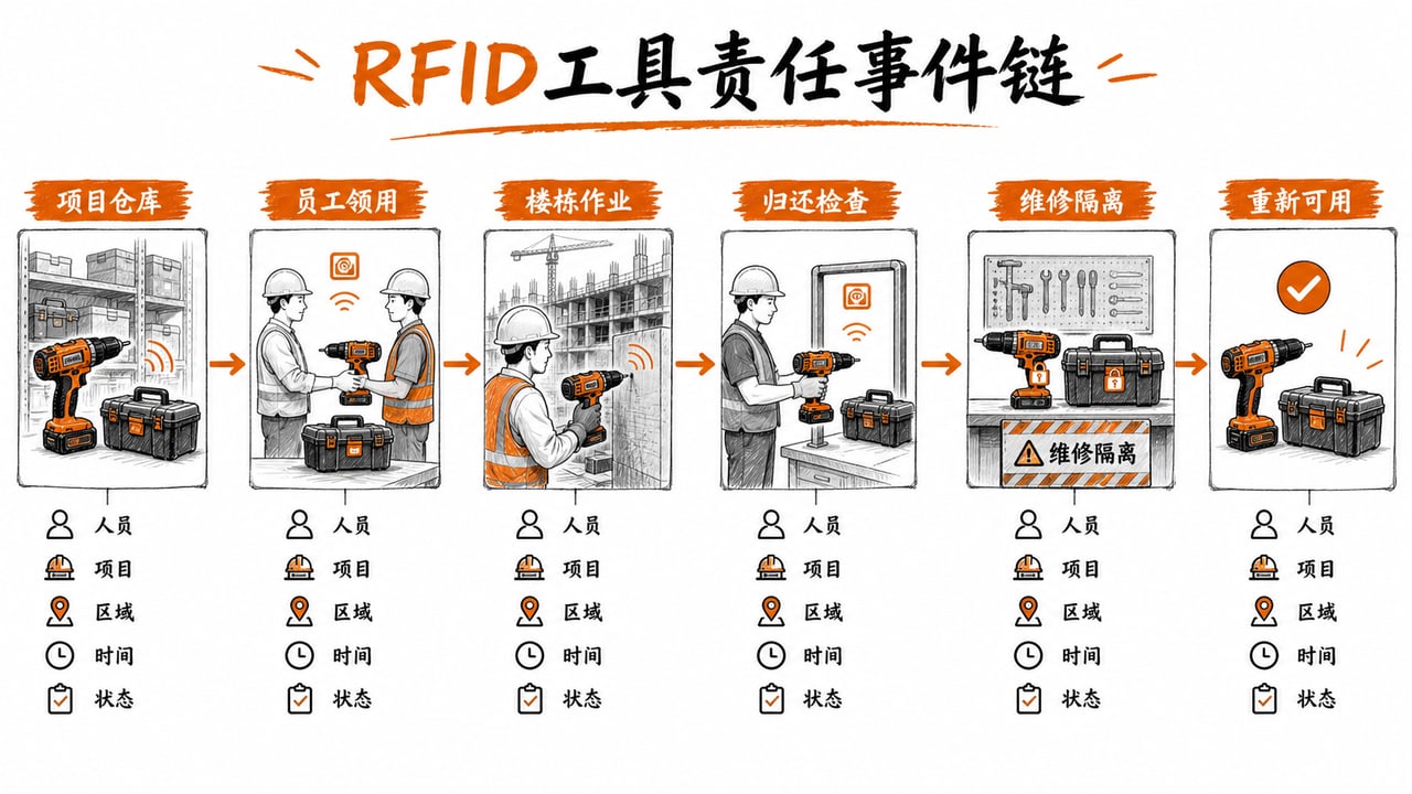 建筑工地RFID工具从入库领用作业归还维修到再次可用的责任事件链 建筑工地RFID工具从入库领用作业归还维修到再次可用的责任事件链