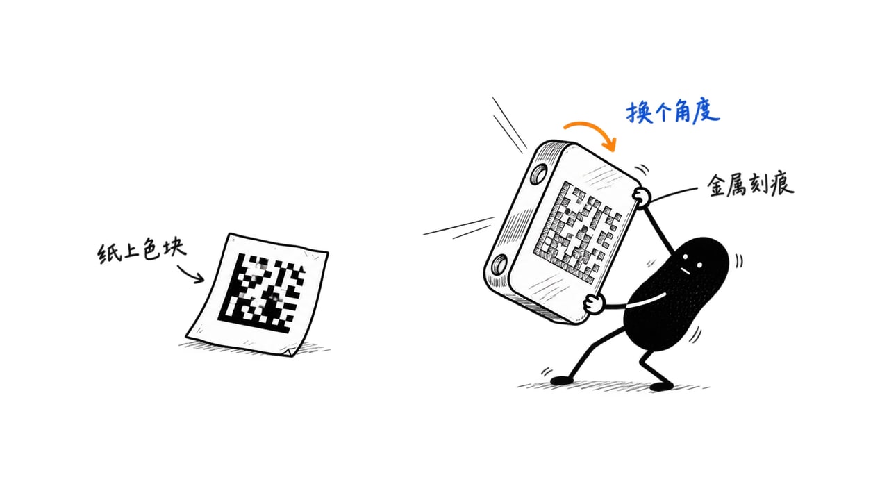 小黑转动金属零件,与纸质标签对照,说明同一类编码在不同表面上的成像条件不同 小黑转动金属零件,与纸质标签对照,说明同一类编码在不同表面上的成像条件不同