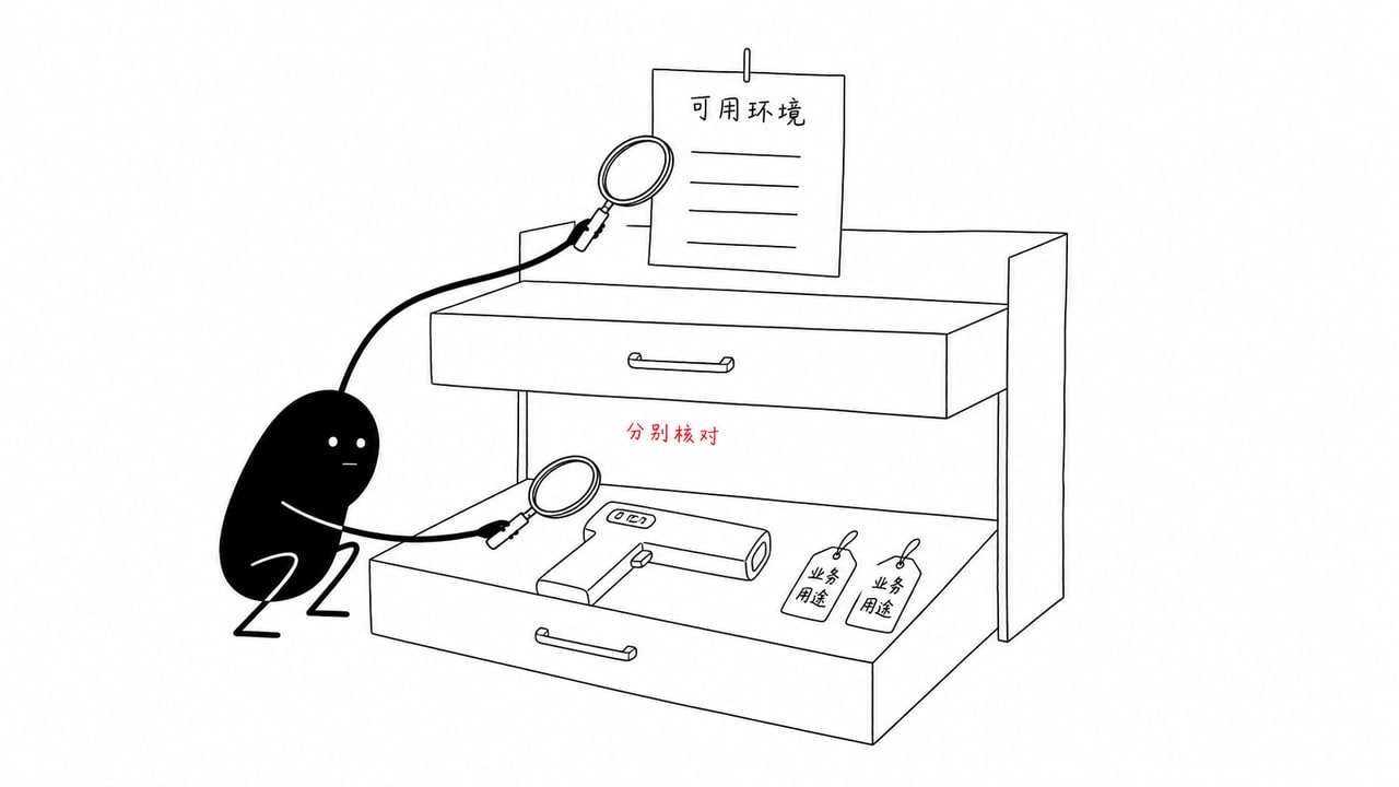小黑用两只放大镜分别检查可用环境资料与业务工具，说明防爆资质和业务配置需要分别核对