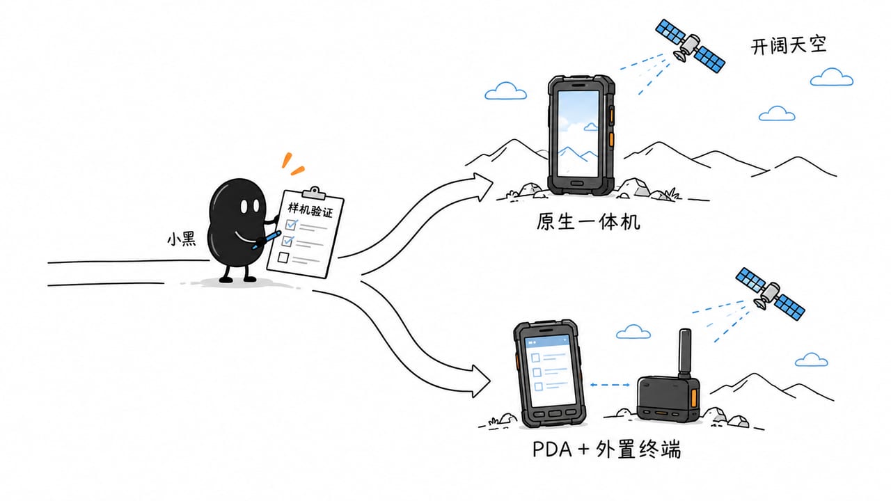 小黑依据样机验证清单比较原生一体机与PDA加外置卫星终端两种路线。 小黑依据样机验证清单比较原生一体机与PDA加外置卫星终端两种路线。