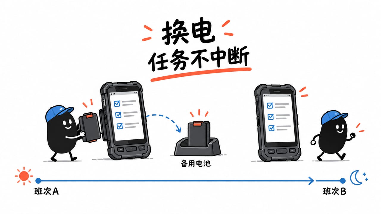 小黑在班次之间更换备用电池,PDA任务清单保持连续。 小黑在班次之间更换备用电池,PDA任务清单保持连续。