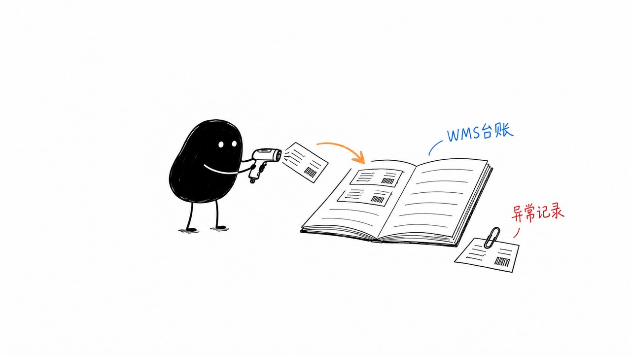 小黑把现场扫码记录放入WMS台账，异常记录被单独夹在一旁。