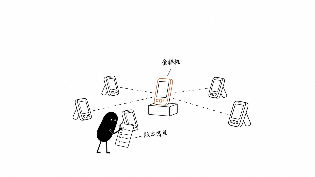 多台批量PDA围绕金样机校准，小黑依据版本清单逐台核对。